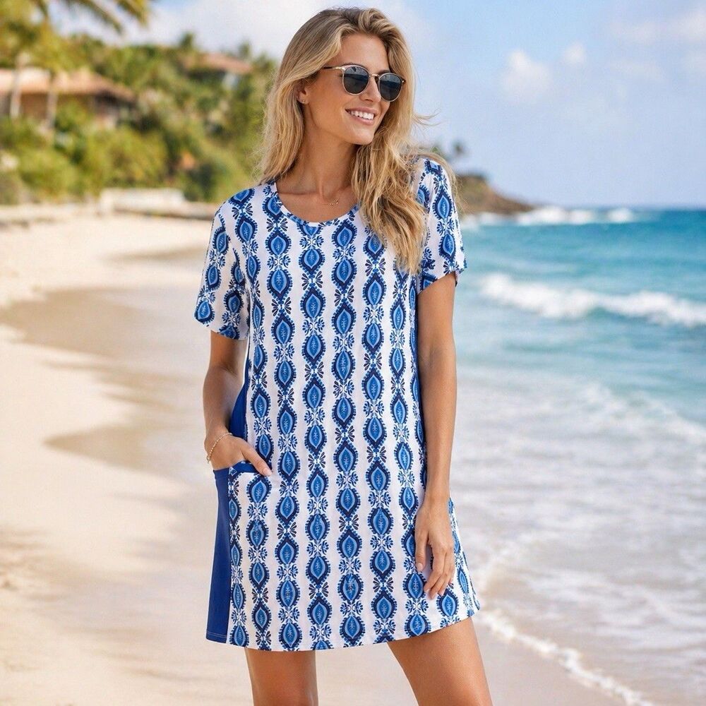 Cabana Life Blue White Paisley Shift Dress Sz L UPF 50+ Resort Tropical Beach